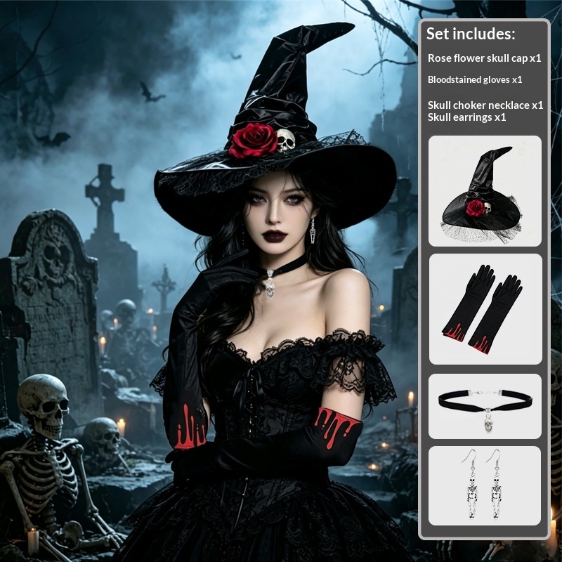 Halloween Witch Black Witch Hat, Gloves, Spider Necklace, And Tattoo Sticker Accessories