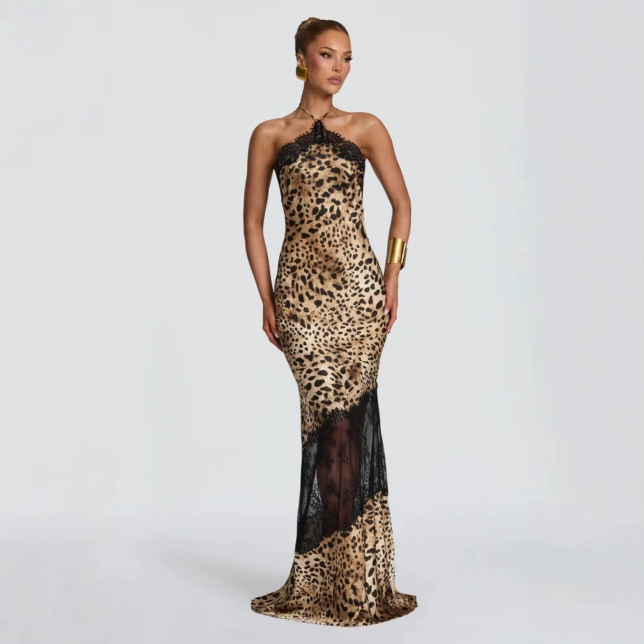 Retro Leopard-print Lace-trimmed Halter-neck Dress – photo 2 of 5