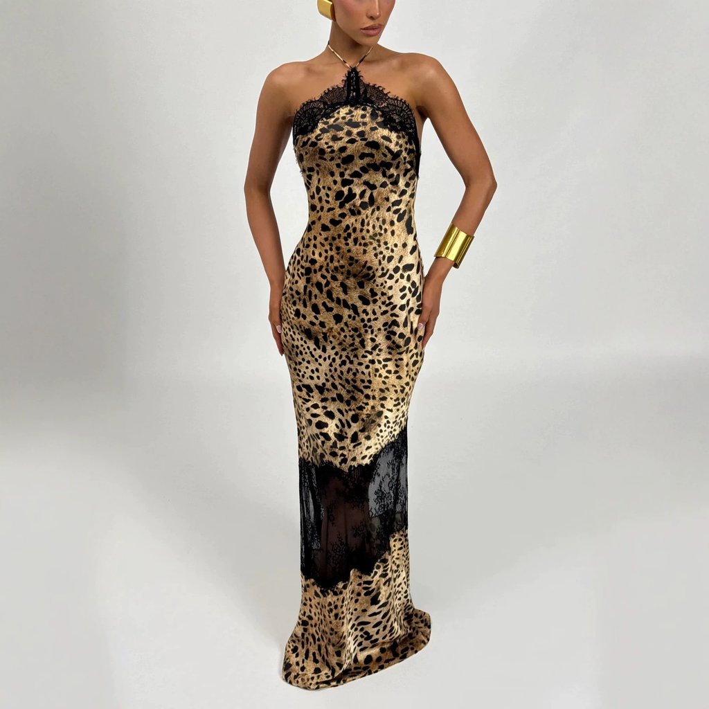 Retro Leopard-print Lace-trimmed Halter-neck Dress – photo 3 of 5