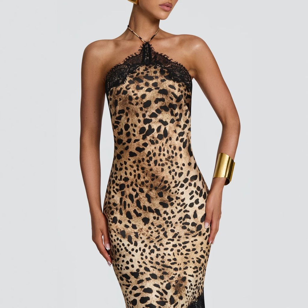 Retro Leopard-print Lace-trimmed Halter-neck Dress – photo 4 of 5