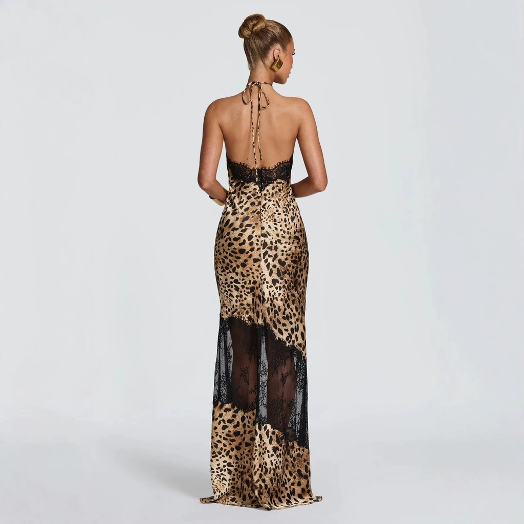 Retro Leopard-print Lace-trimmed Halter-neck Dress – photo 5 of 5