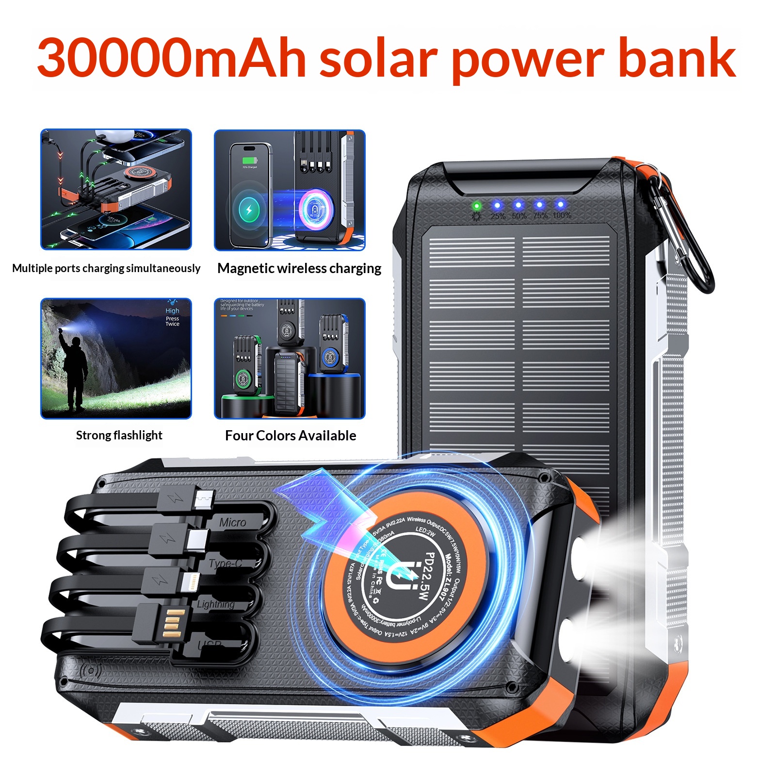 マグネット式ワイヤレス充電ソーラーパワーバンク、アウトドア向け頑丈急速充電ポータブル充電器 – photo 3 of 5