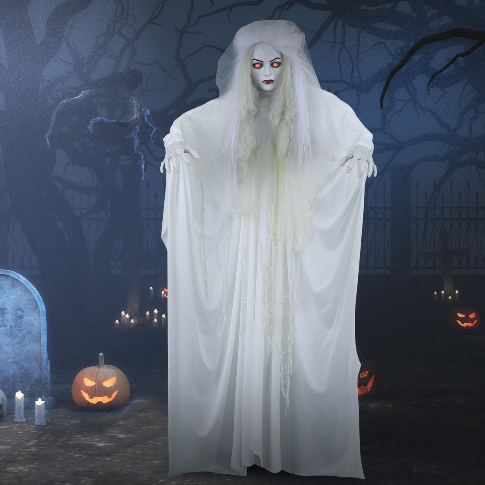 5.25ft Halloween Ghost Bride Decoration Flashing Red Eyes Animated Screaming