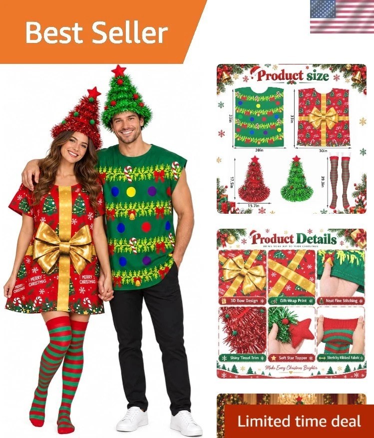 Couple's Funny Christmas Costumes - Matching Tree & Gift Box Set for Parties