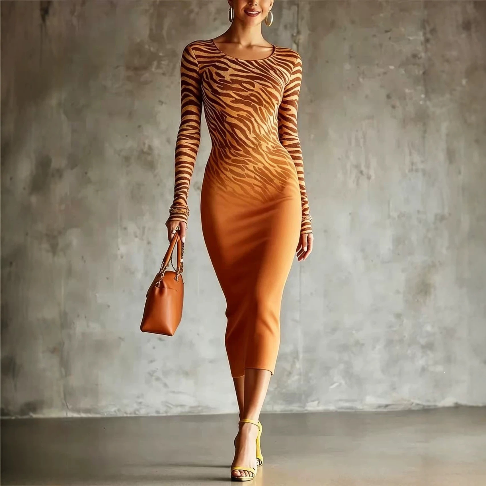 Long-sleeve Crew-neck Midi Bodycon Dress Figure-hugging Skirt