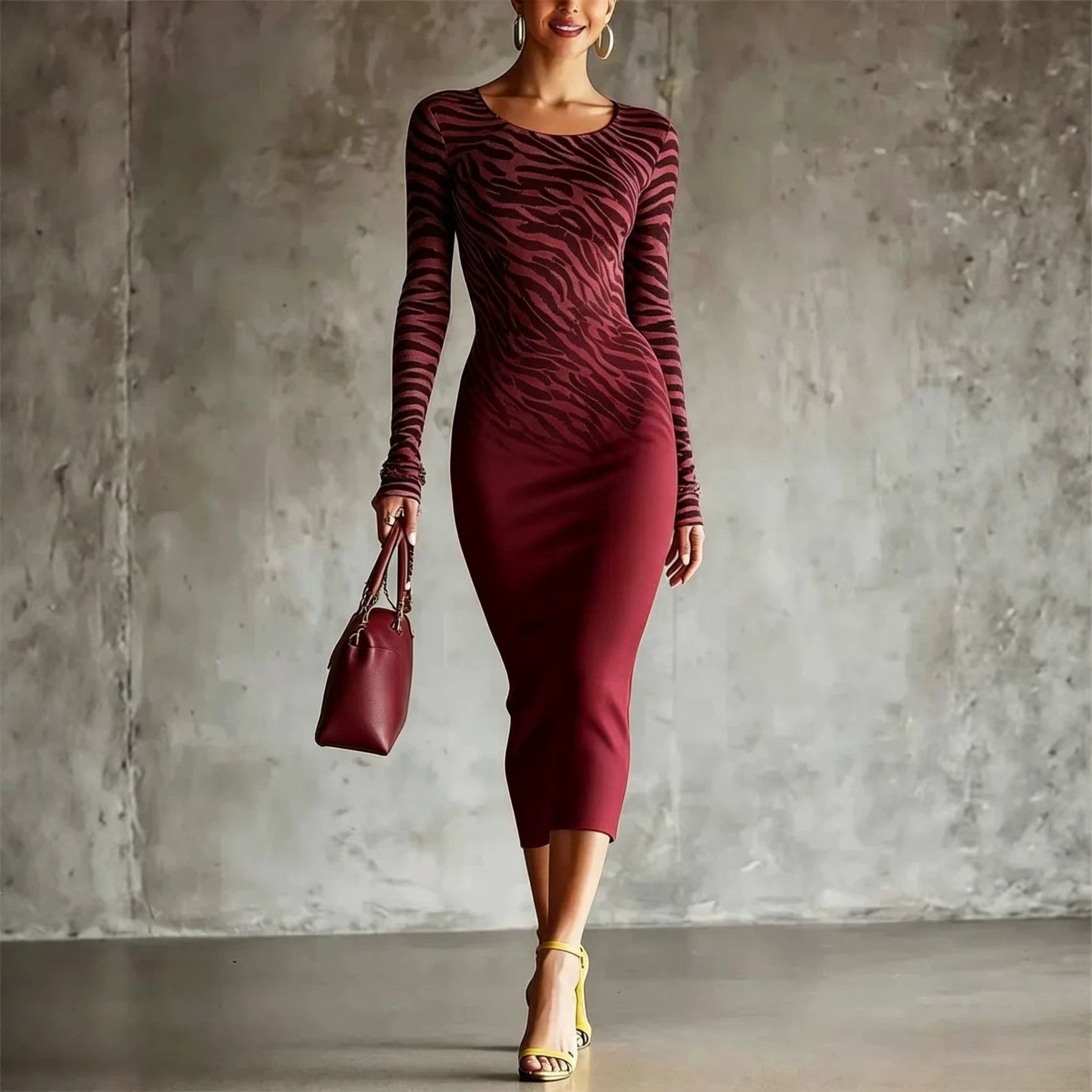 Long-sleeve Crew-neck Midi Bodycon Dress Figure-hugging Skirt – photo 4 of 5