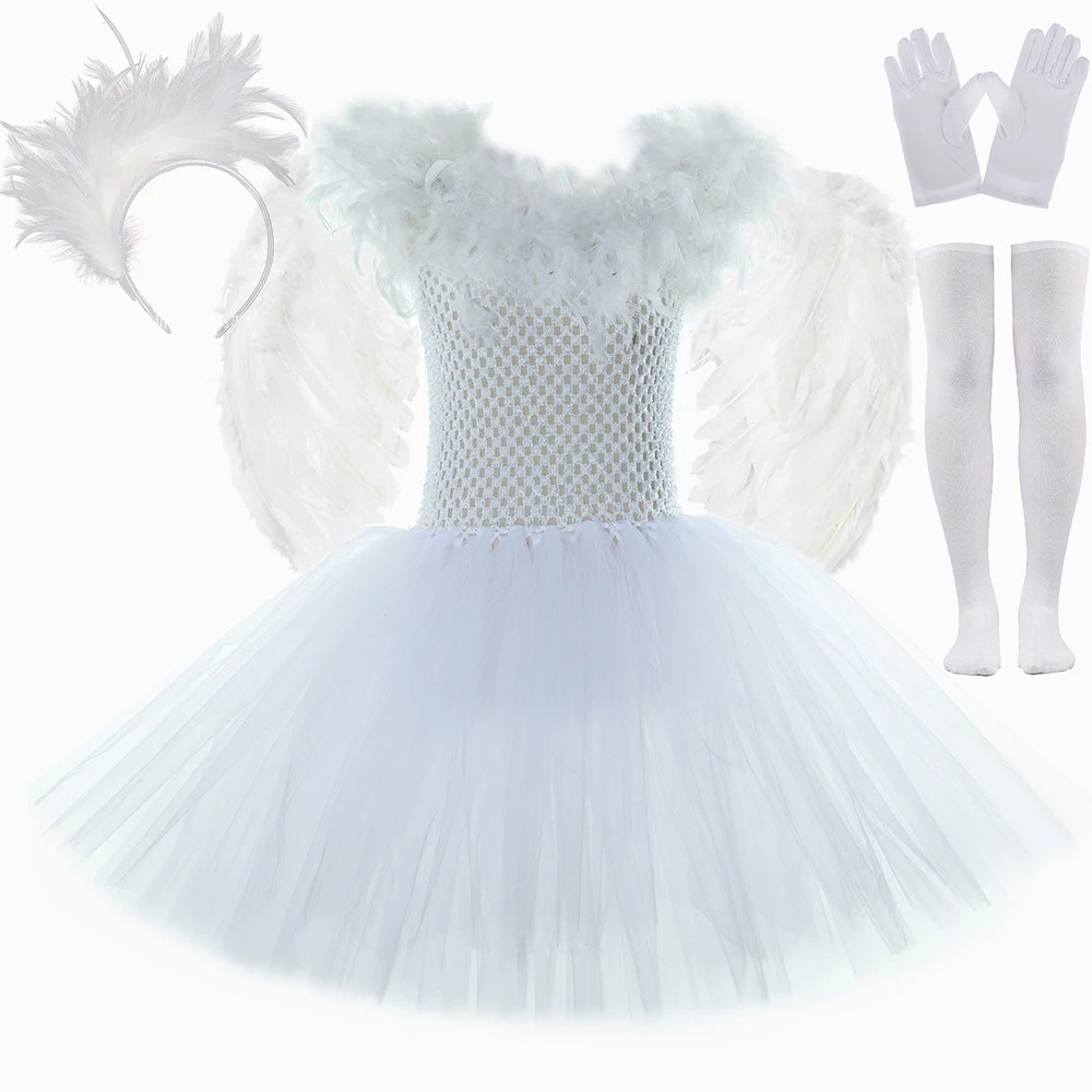 White Feather Angel Girls Mesh Dress Set