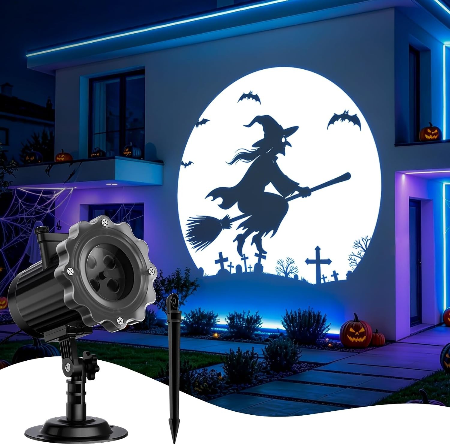 Halloween Projector Lights Outdoor 3 in 1 Witch Cat Skeleton Dynamic Stake