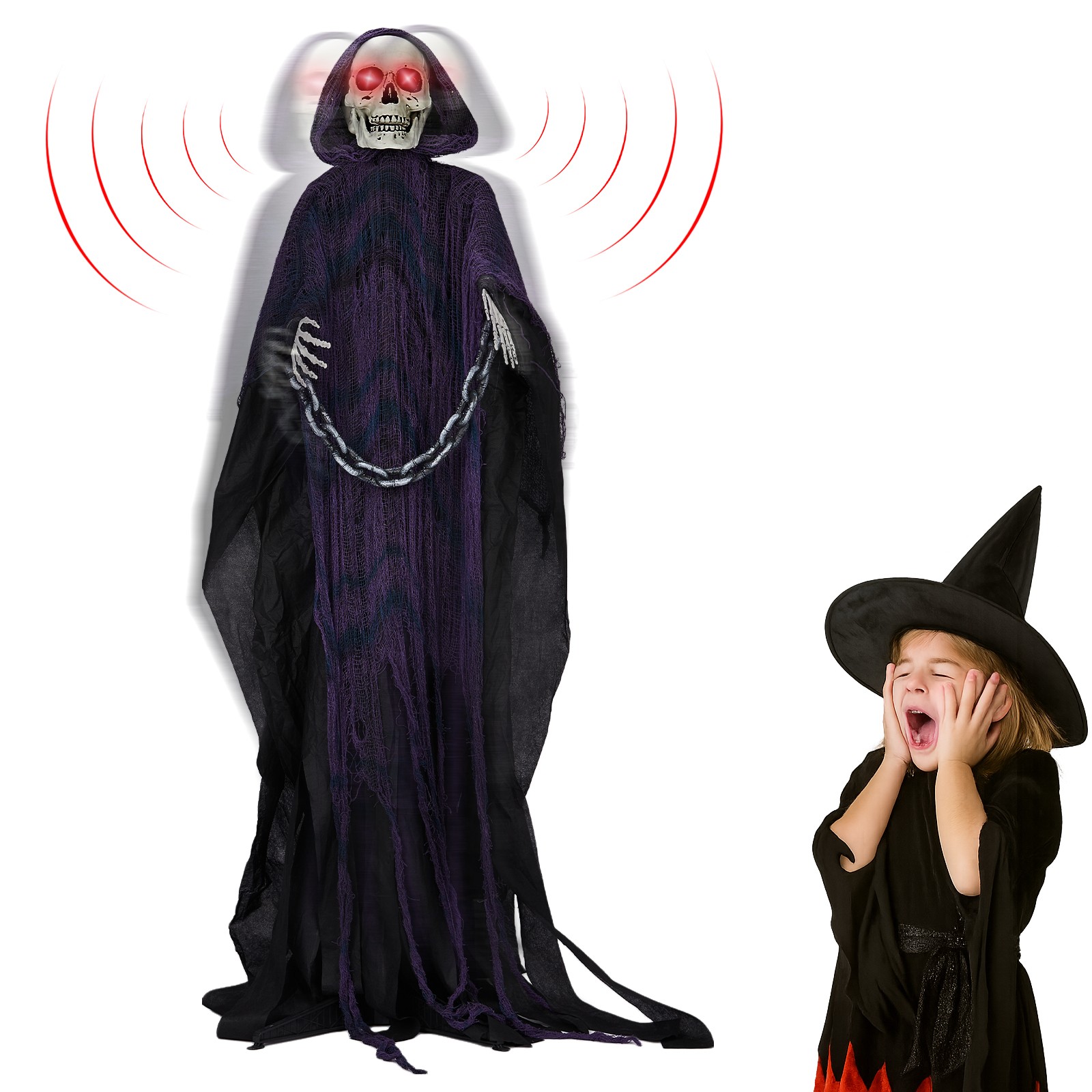 Halloween 6 FT Creepy Animatronics Grim Reaper with Chain for Holiday Decor