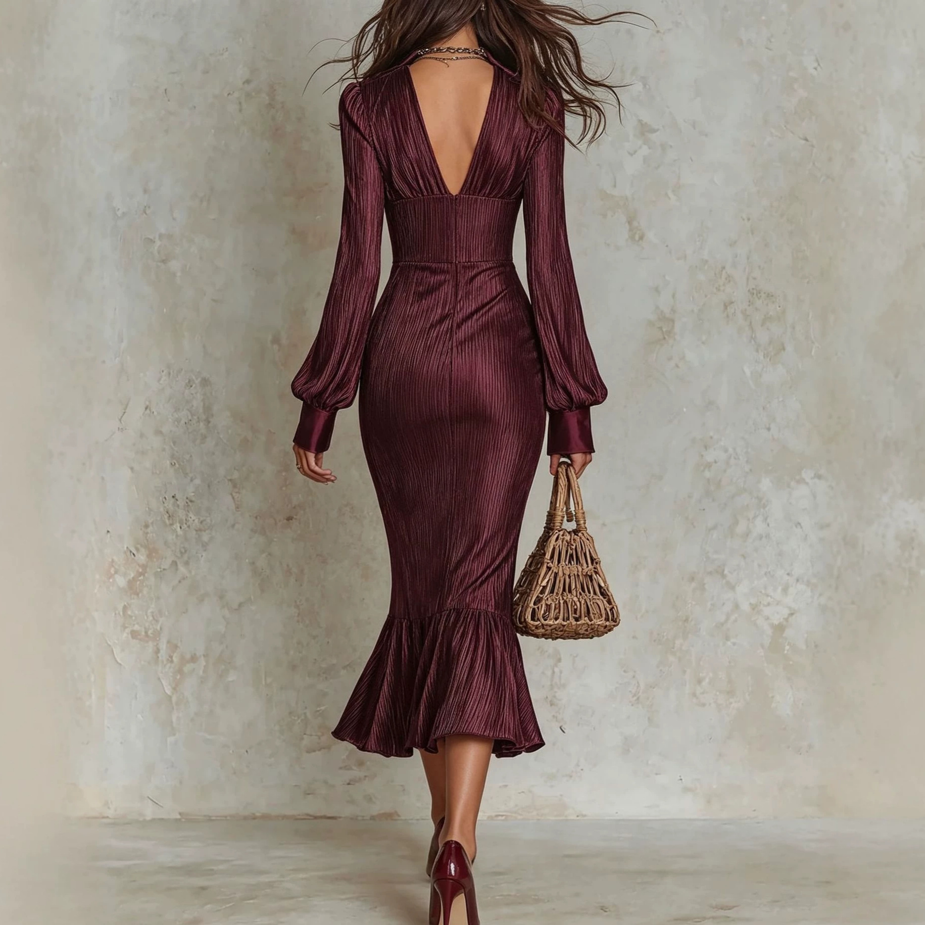 Fashionable Satin Striped Long-sleeve V-neck Button-panel Elegant Dress – photo 2 of 5