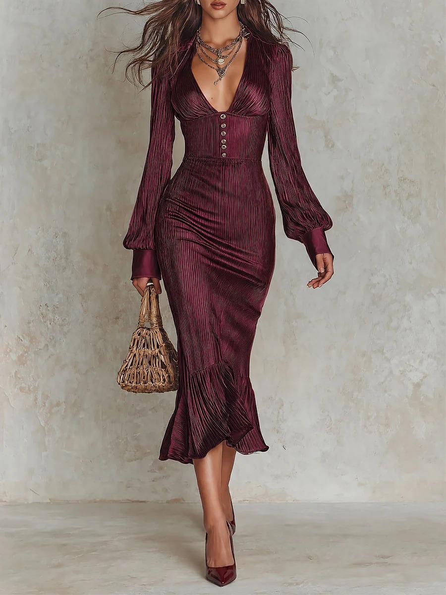 Fashionable Satin Striped Long-sleeve V-neck Button-panel Elegant Dress – photo 3 of 5