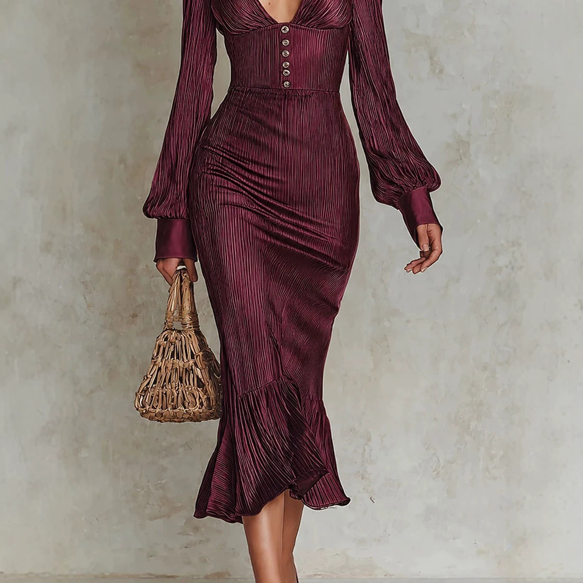Fashionable Satin Striped Long-sleeve V-neck Button-panel Elegant Dress – photo 5 of 5