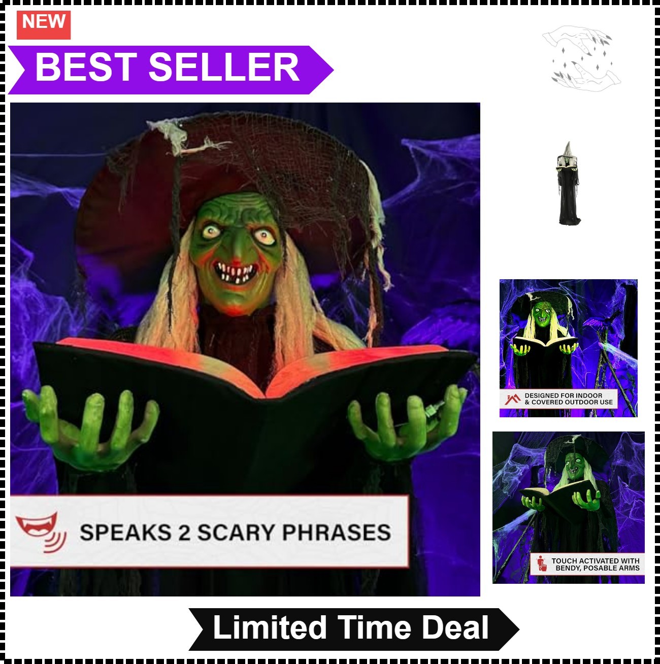 Life Size Talking Witch Animatronic Halloween Prop Touch Activated Lights Sound