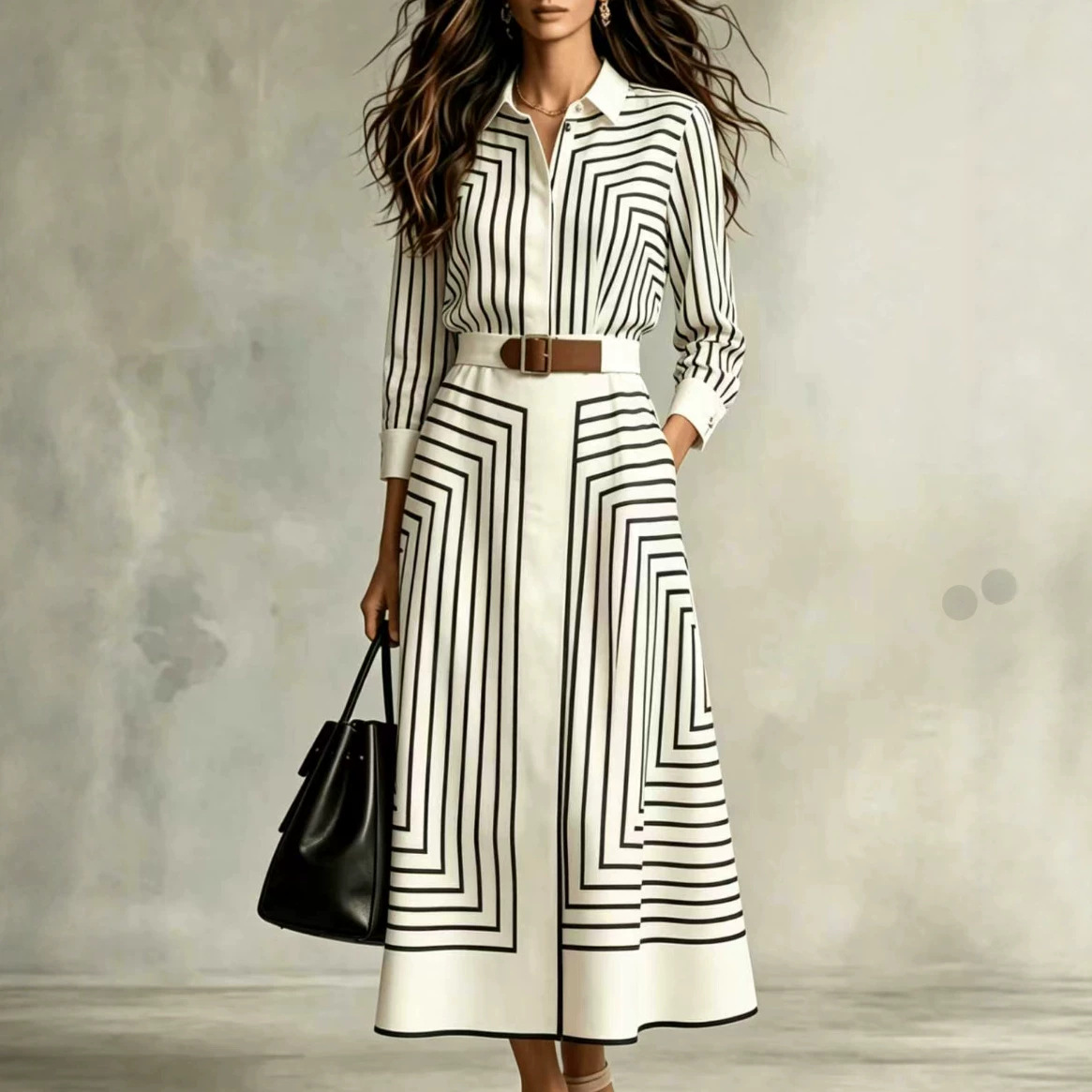 Fashionable Striped Shirt Casual Round-neck Dress