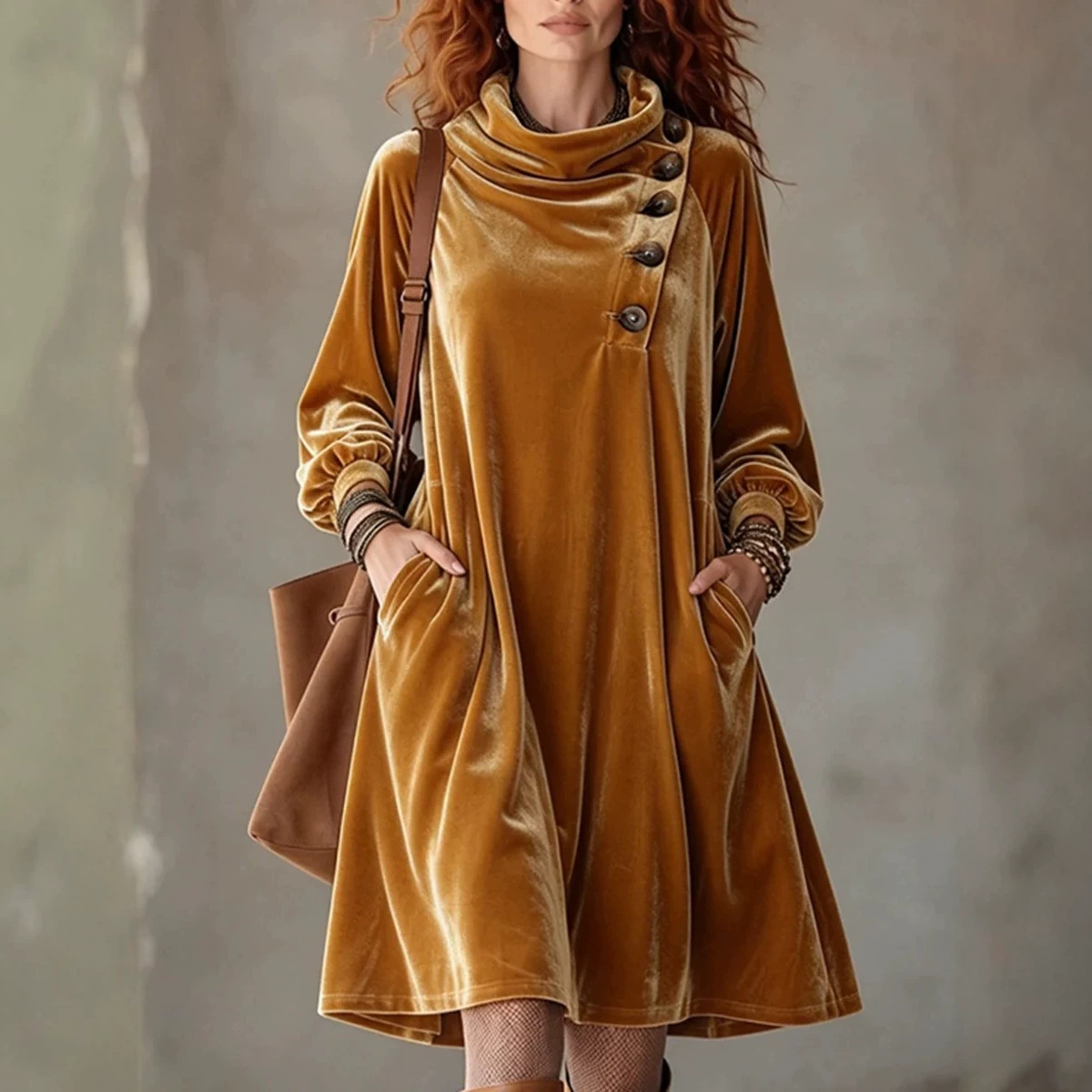 Asymmetrical Pocket Dress With Slanted Button Placket