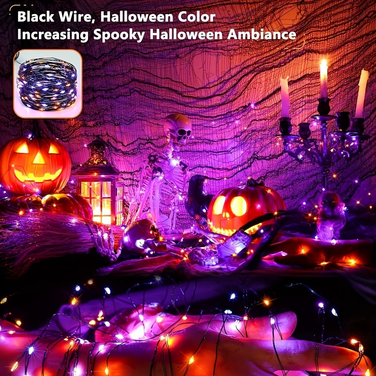 紫とオレンジのソーラー式ハロウィンライトストリップ、8つのモード付き