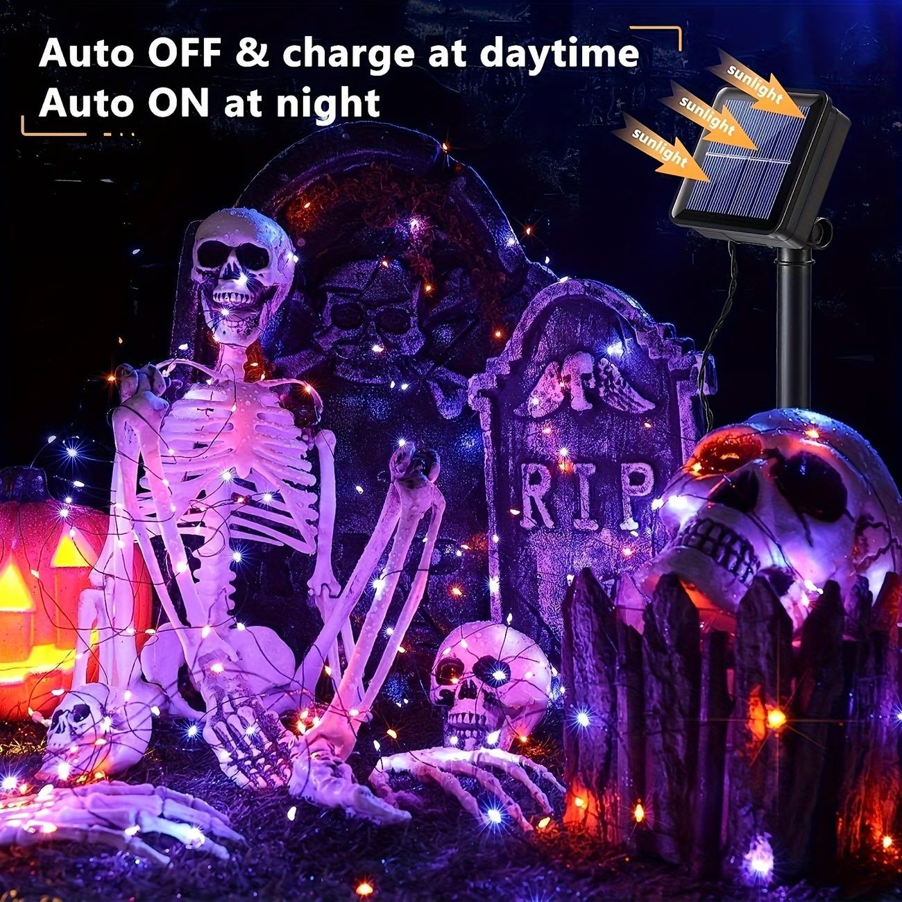 紫とオレンジのソーラー式ハロウィンライトストリップ、8つのモード付き – photo 2 of 5