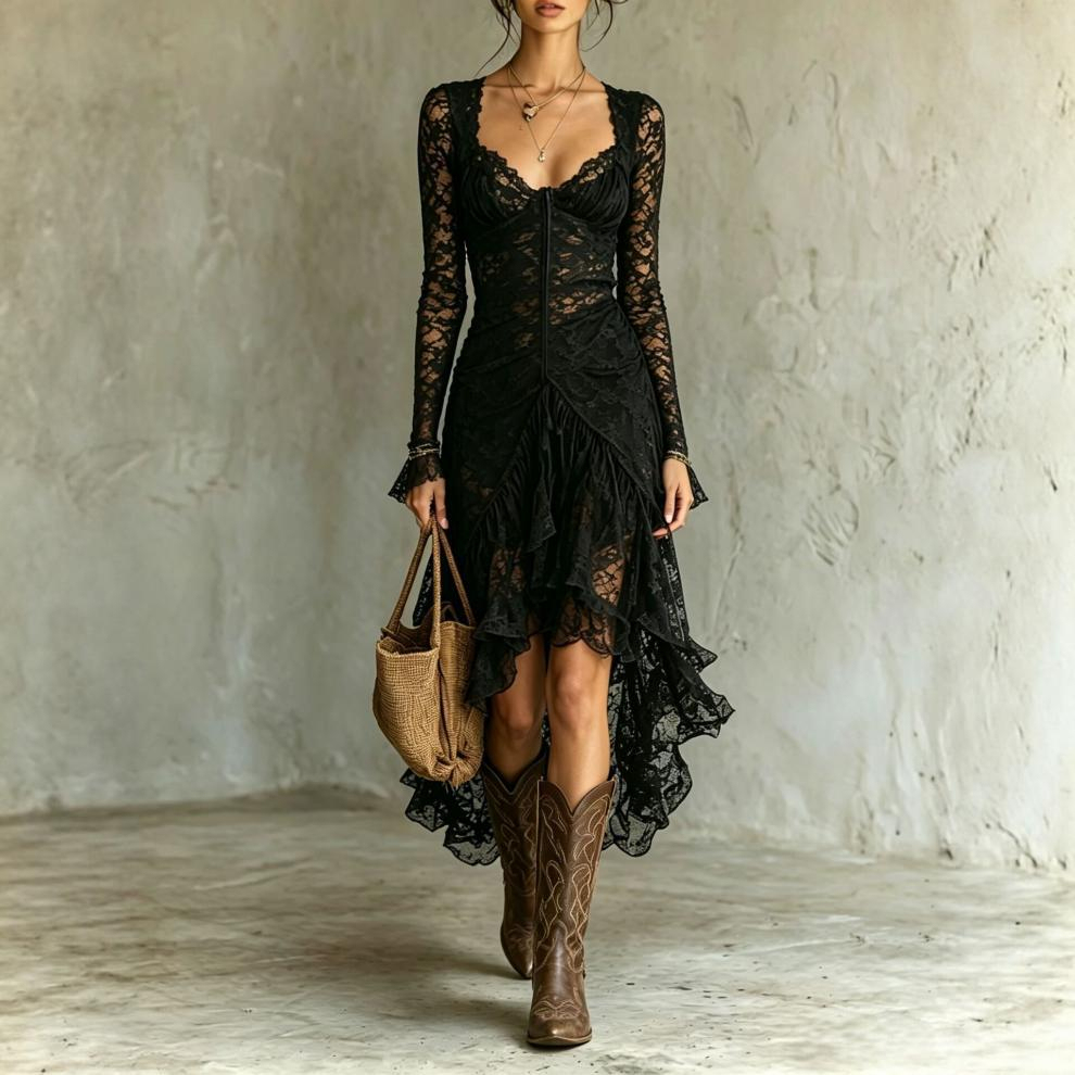 Fashionable Solid-Color Patchwork High-Waisted Long-Sleeve Lace Dress