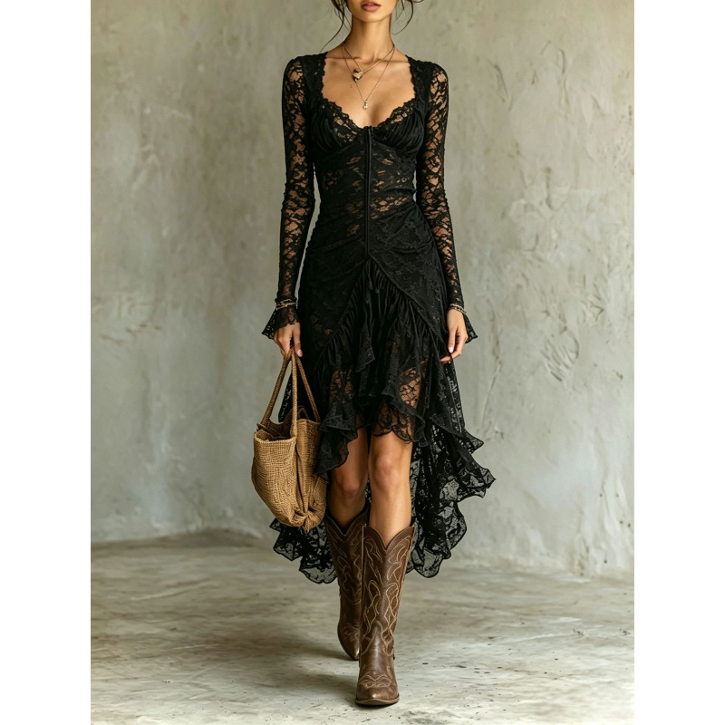 Fashionable Solid-Color Patchwork High-Waisted Long-Sleeve Lace Dress – photo 2 of 5