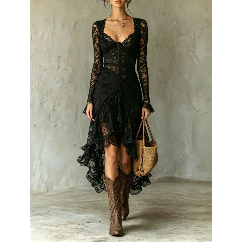 Fashionable Solid-Color Patchwork High-Waisted Long-Sleeve Lace Dress – photo 3 of 5