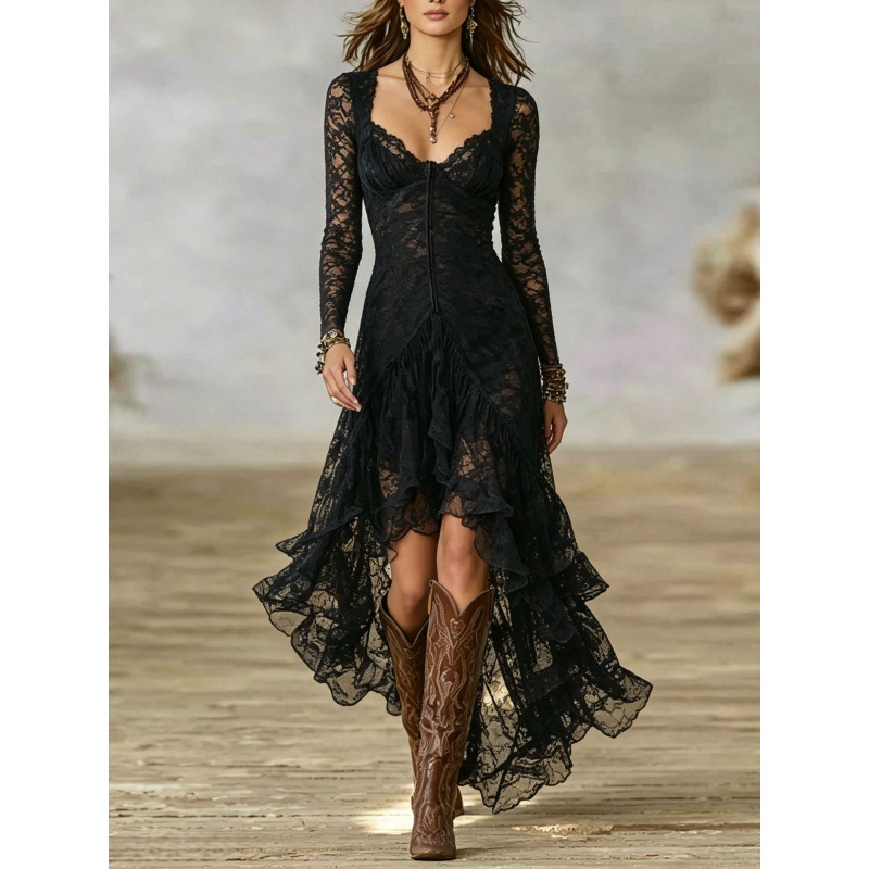 Fashionable Solid-Color Patchwork High-Waisted Long-Sleeve Lace Dress – photo 4 of 5