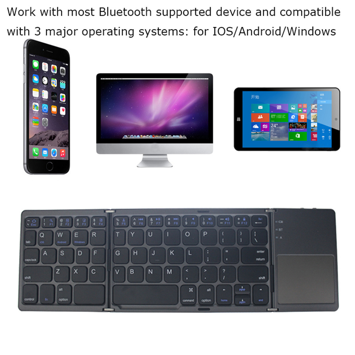 折りたたみ式タブレット、スマートフォン、コンピューター用ワイヤレス折りたたみ式Bluetoothキーボード、多機能ボタン付き – photo 2 of 5
