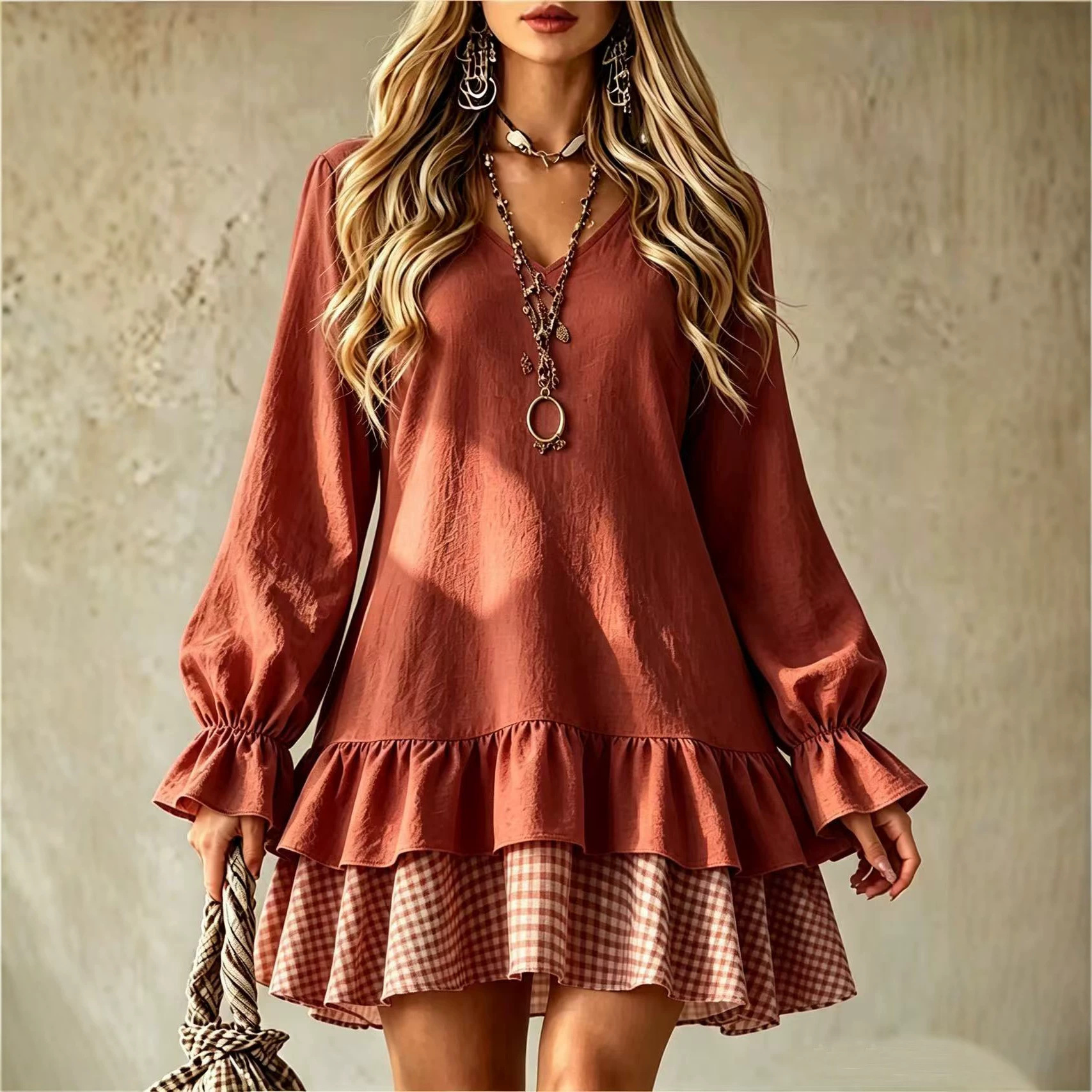 V-neck Spliced Long-sleeve Dress With A Ruffled Hem
