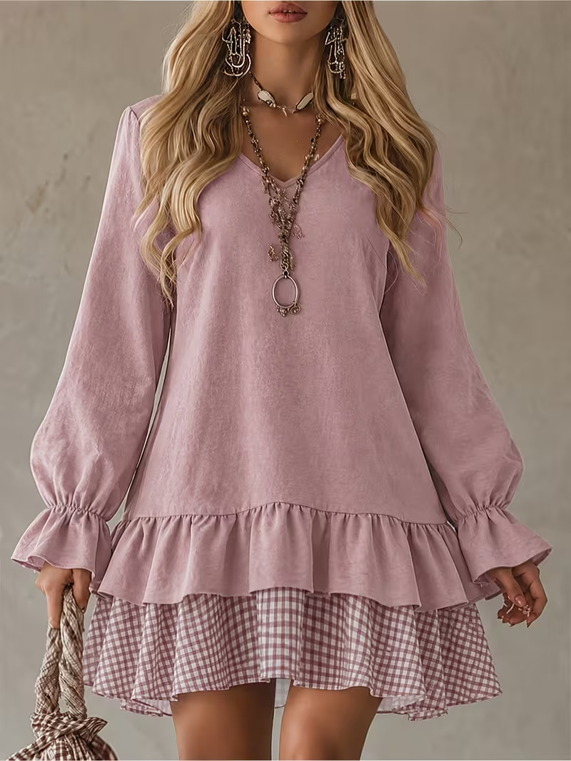 V-neck Spliced Long-sleeve Dress With A Ruffled Hem – photo 2 of 5