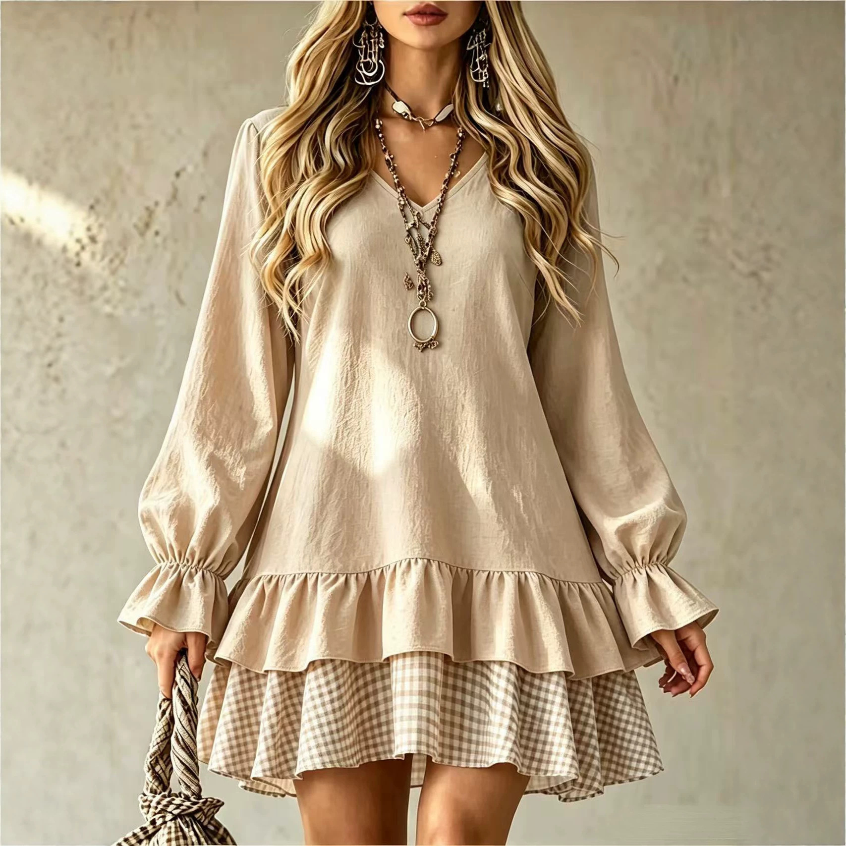 V-neck Spliced Long-sleeve Dress With A Ruffled Hem – photo 4 of 5