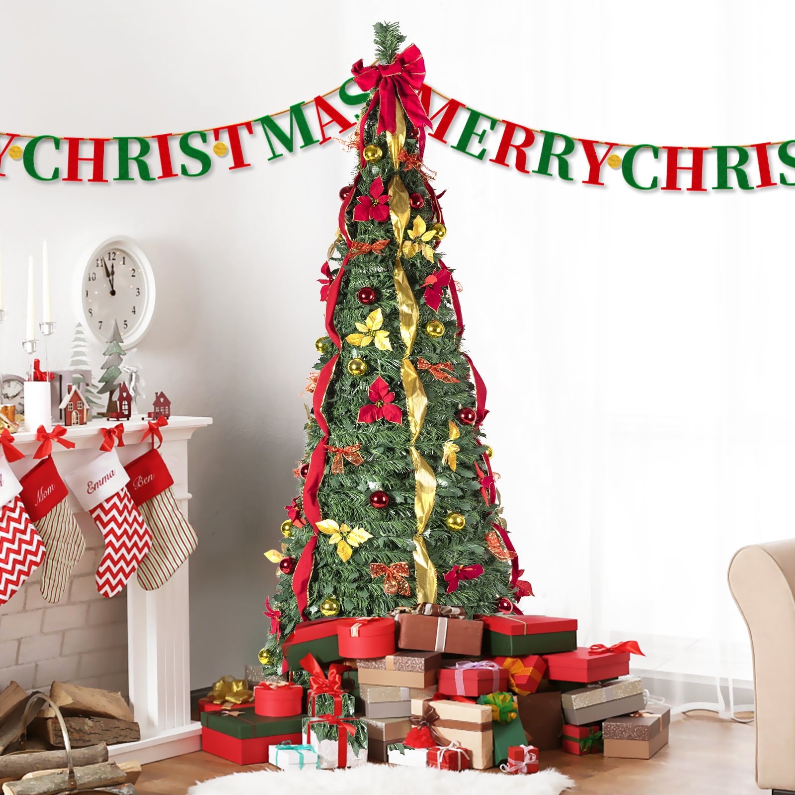 7.5 ft Pop up Christmas Tree Prelit Pull up Xmas Tree with 200 Light Party Decor