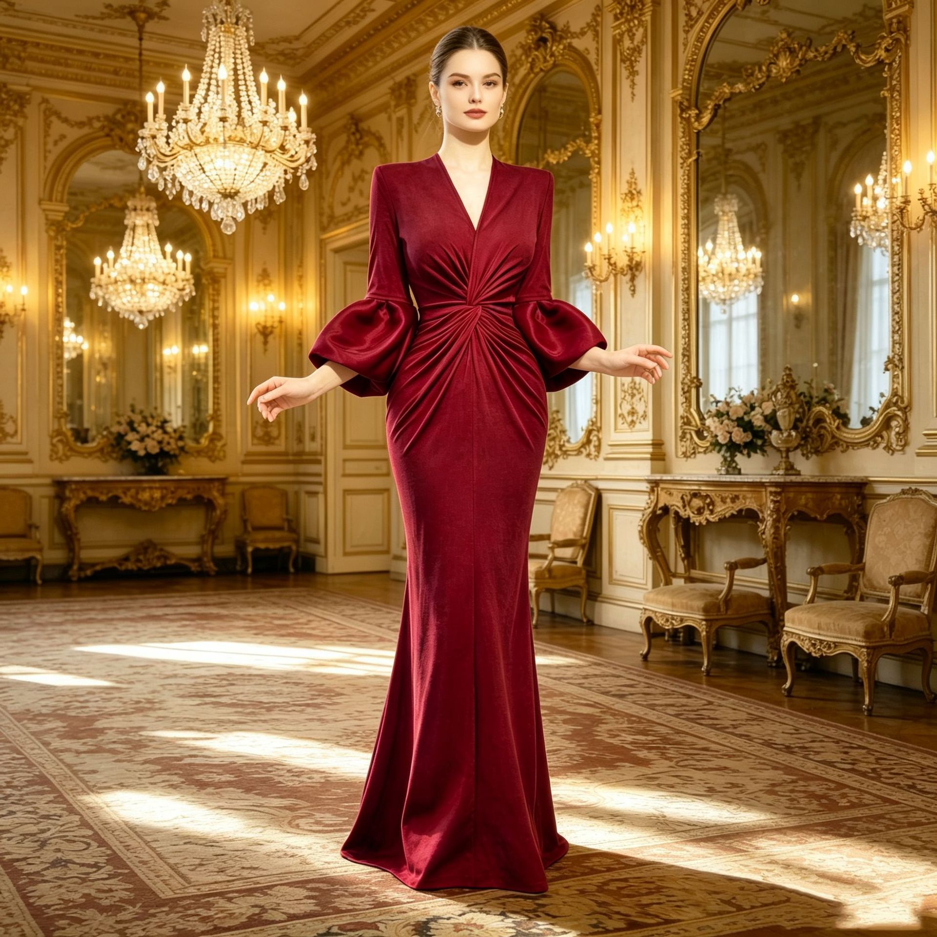 Women's Fishtail Dress With Puff Sleeves And A Slim Fit